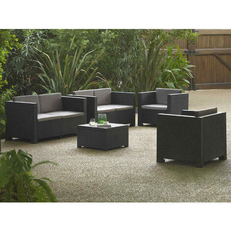 Figari - salon bas de jardin 6 places - modulable - en résine tressée injectée - noir avec coussins gris - Noir / Gris