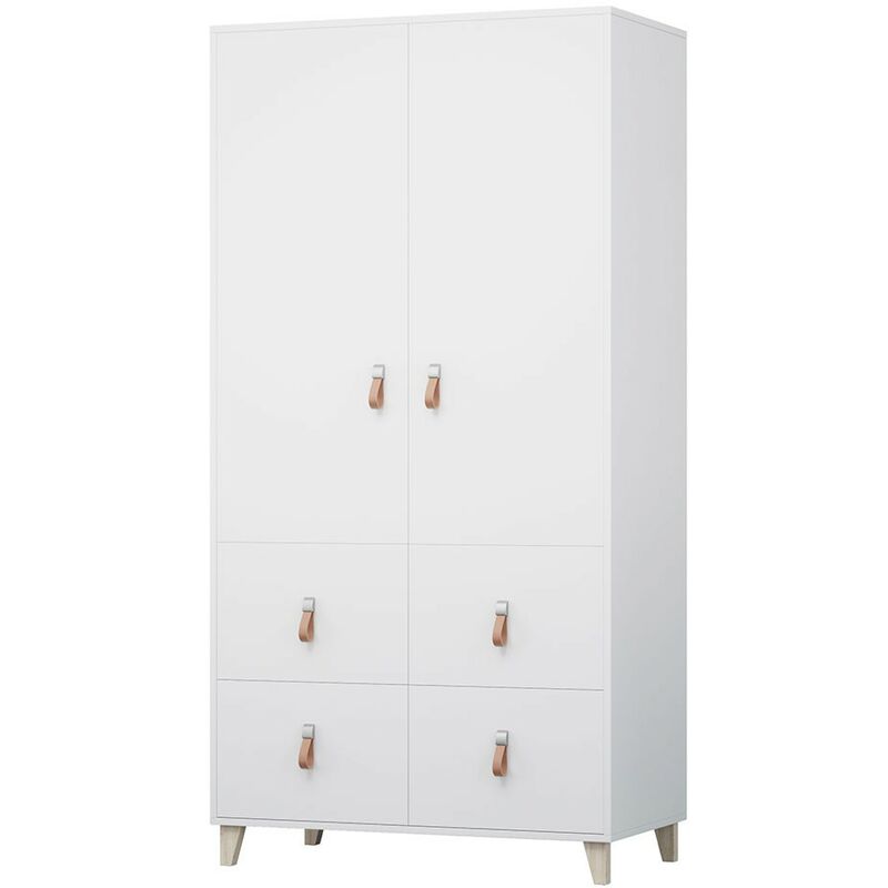 FIGO - Armoire 2 portes style scandinave - 4 tiroirs + tringle à vêtements - 202x104x55 cm - Blanc
