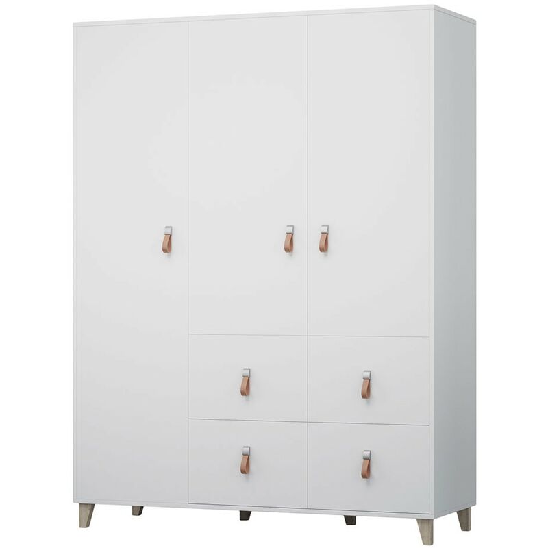FIGO - Armoire 3 portes style scandinave - 4 tiroirs + tringle à vêtements - 201x150x55 cm - Blanc