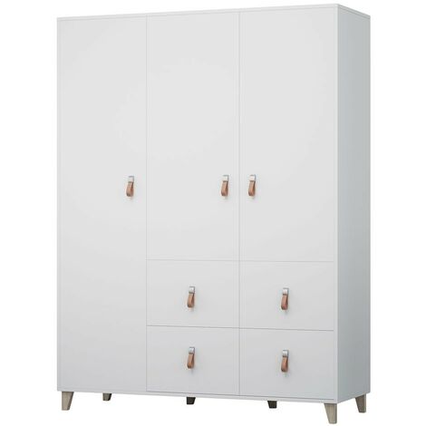 FIGO - Armoire 3 portes style scandinave - 4 tiroirs + tringle à vêtements - 201x150x55 cm Blanc - Blanc