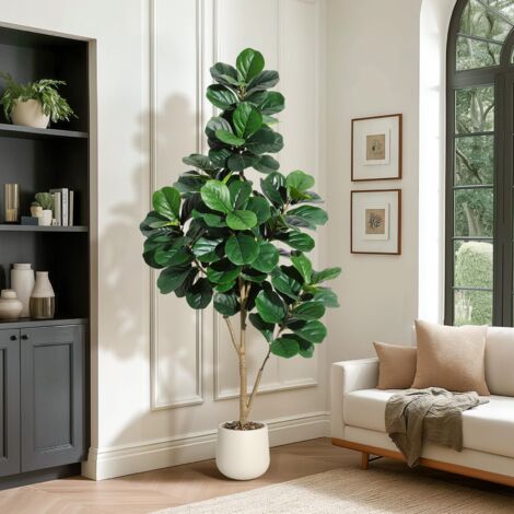 Figuier Lyre Artificiel De 180 Cm, Grande Plante Artificielle Avec Gravier Et Mousse, Plante En Plastique Avec Pot Blanc Et Gravier, Pour La DéCoration IntéRieure, La DéCoration De Chambre, La DéCorat