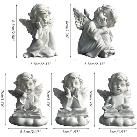 Figura de ángel para jardín, escultura de resina, decoración, figura de ángel de resina, 5–7 cm, colección decorativa, juego de 5 piezas