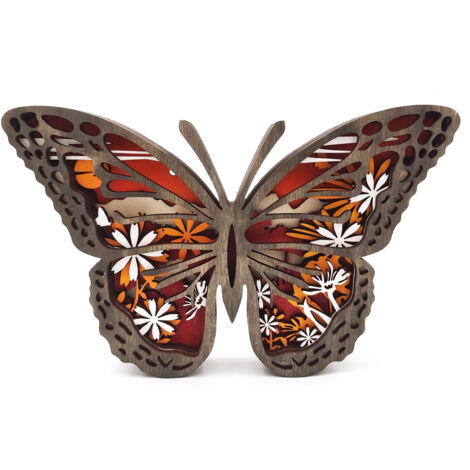Figura de animal de madera con iluminación – Escultura hueca grabada a mano para decoración del hogar – Mariposa multicolor (24 x 16 x 3 cm)