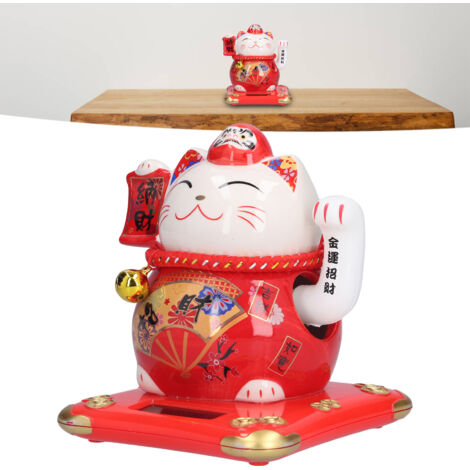 Figura de cerámica de gato de la suerte, Maneki-Neko, 14 cm, para oficina, coche o como decoración del hogar.