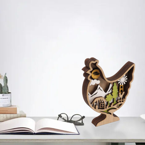Figura de gallo iluminada, tallada a mano en madera 3D, iluminación LED con pilas LR44, 120 g, adorno decorativo para Pascua y como accesorio para el hogar.