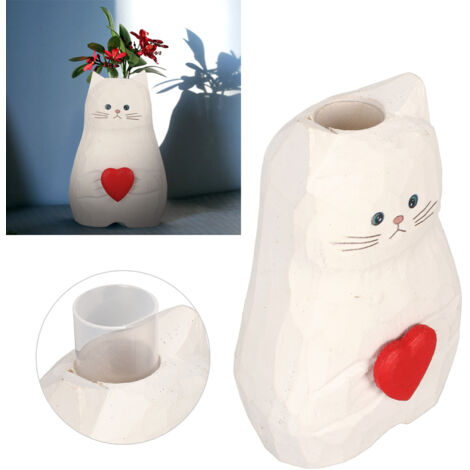 Figura de gato blanco, jarrón de flores de madera texturizada, hecho a mano, 15 cm, accesorio para el hogar, artículo de colección, idea de regalo para Acción de Gracias.