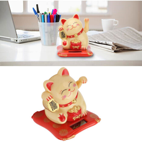 Figura de gato de la suerte con energía solar: figura decorativa animada y mecánica de un gato de la suerte para el hogar, la oficina o el coche. De color amarillo con brazo oscilante para atraer pros