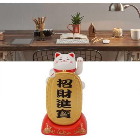Figura de gato de la suerte con energía solar, hecha de plástico blanco, decoración brillante para la oficina y el hogar – 1 figura