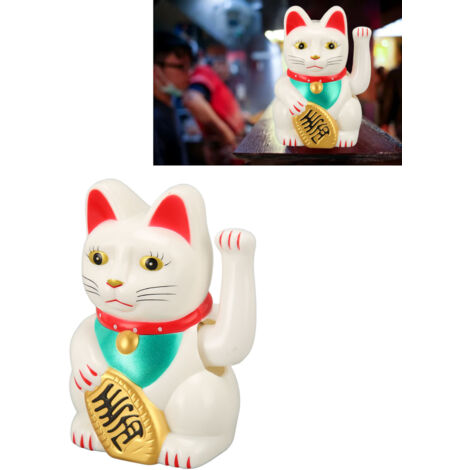 Figura de gato de la suerte con energía solar y brazos articulados, 10 cm, blanca, MLY23056 – Gato Feng Shui con energía solar para la suerte y la prosperidad.