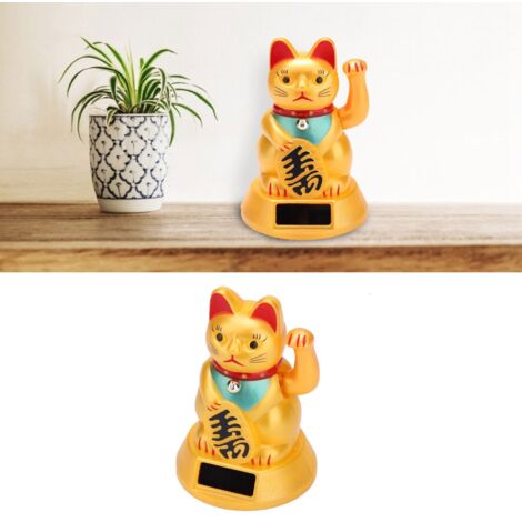 Figura de gato de la suerte con manivela solar – Coche/interior color dorado [1 pieza] – Plástico resistente, 8,5 x 12,5 cm
