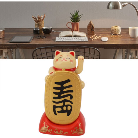 Figura de gato de la suerte – Gato Maneki-Neko amarillo con brazo articulado y panel solar – Figura decorativa de escritorio, amuleto de la suerte (6,2 x 5,4 x 10,6 cm, plástico, idea para regalo)