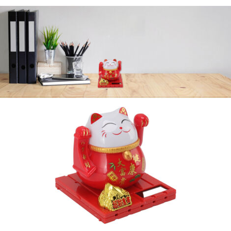 Figura de gato de la suerte Maneki Neko rojo solar XL con brazo articulado para decoración del hogar u oficina.