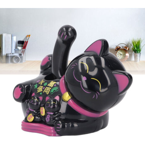 Figura de gato Maneki-Neko con energía solar, Innovative Happiness, ABS negro, 10,5 x 9 cm