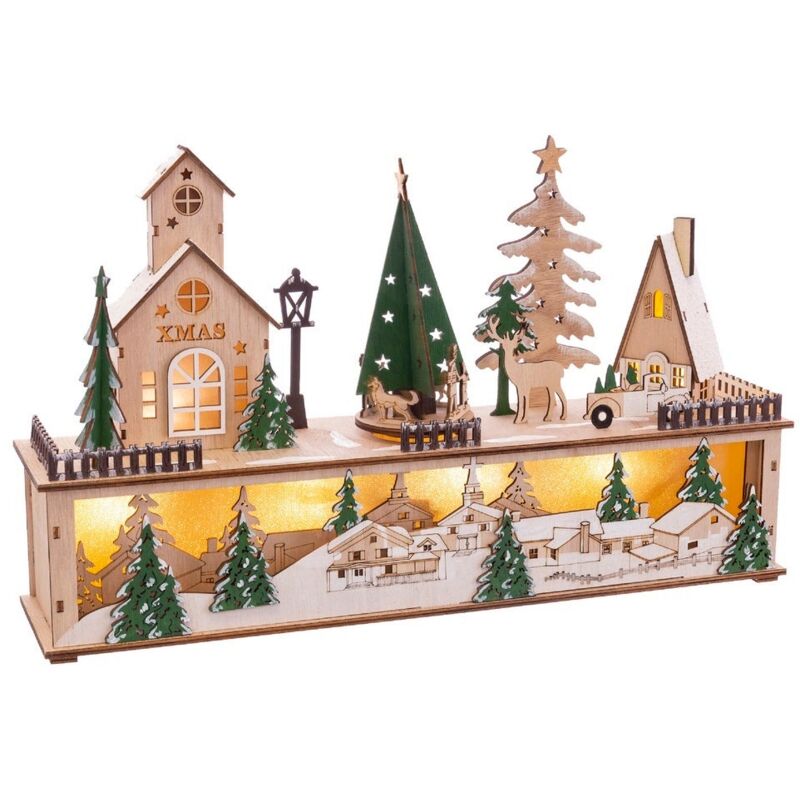 

Figura de Navidad paisaje con luz y sonido de madera verde de 45x10x27 cm