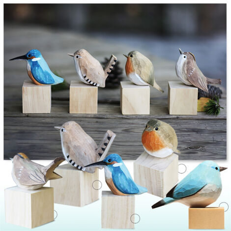 Figura de pájaro pintada y tallada en madera de tilo, regalo decorativo nórdico para interiores y exteriores.
