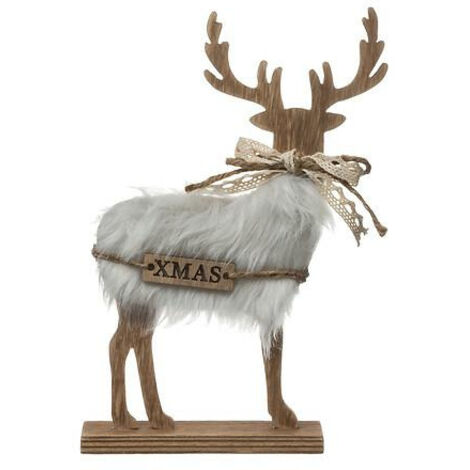 Figura de RENO CON PIEL de 21,5 cm, inscripción NAVIDAD DE MADERA