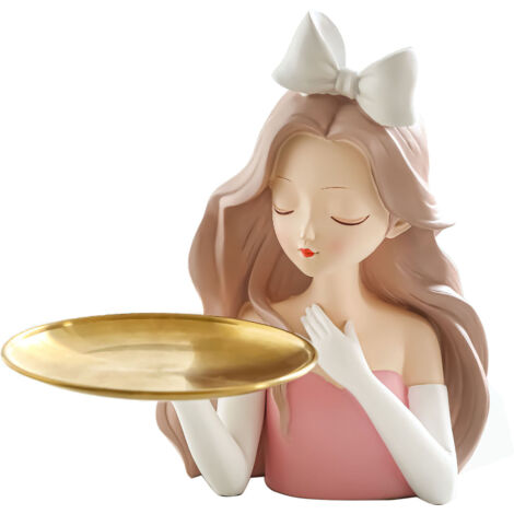 Figura decorativa de capullo de llave de una mujer con bandeja de cinta, resina natural.