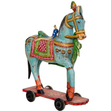 Figura decorativa de corcel, madera pintada azul, 90x21x100h cm