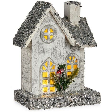Figura Decorativa Navidad Purpurina Luz LED Casa 19,5 x 25 x 9 cm Gris Madera Blanco 8430852877208 S3611936 Krist+