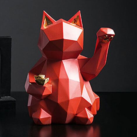 Figura geométrica roja de gato Maneki-Neko hecha de resina ecológica para decoración de mesa, escritorio y estante, regalo.