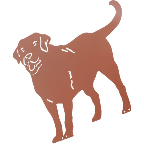 Figura metálica de perro para jardín con base triangular para una decoración exterior duradera.