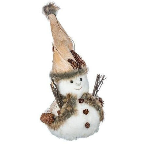 Figura MUÑECO DE NIEVE 32 cm blanco FABRICADO EN MADERA Y CORTEZA