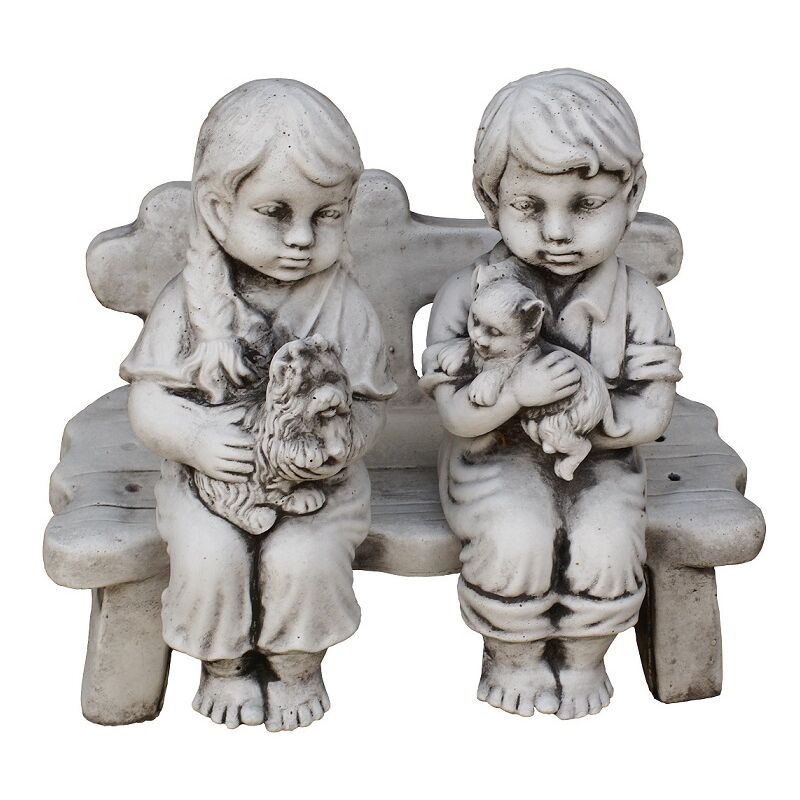 Anaparra - Statue enfants assis en pierre reconstituée pour le jardin 52cm.