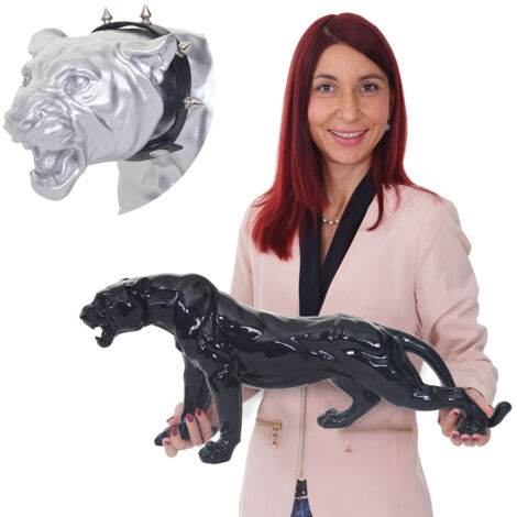 Figure de décoration léopard, polyresin, sculpture 59cm, intérieur/plein air - noir poli fin avec collier