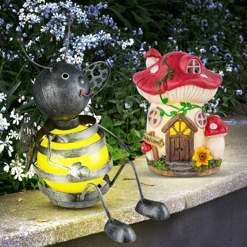 Image of Figure solari per la decorazione esterna casa delle fate decorazione del giardino lampada fungo figura ape da giardino, metallo plastica, led, set di