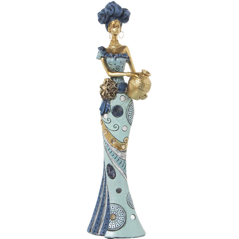 Figurine Résine Africaine Bleu/Or 14X9X46 Cm