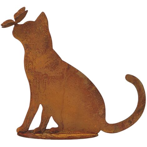 Figurine Chat bisou papillon métal rouille : déco jardin - Rouille