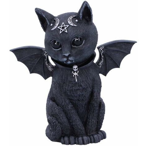 Figurine Chat Occulte Ailé - Polyrésine - Noir et Argent - 10 cm
