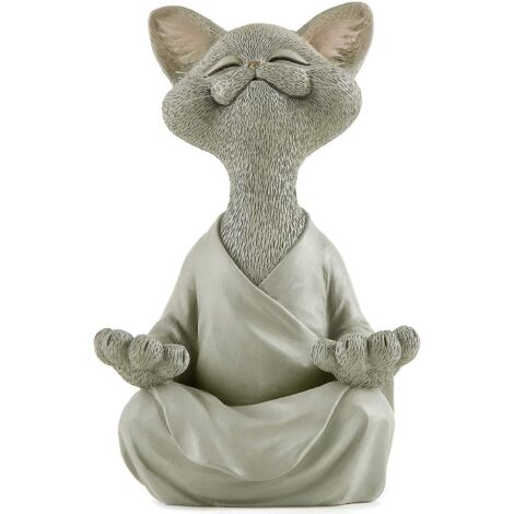 Figurine de Bouddha fantaisiste de collection pour amoureux des chats gris, pratiquant la méditation et le yoga