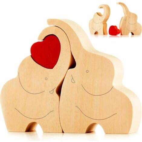 Figurine de couple d'éléphants d'amour en bois avec cœur rouge - Cadeau de décoration d'ornement d'éléphants