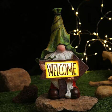 Figurine de jardin en résine - Décoration de Noël Longue barbe avec panneau de bienvenue et lumières LED Festif