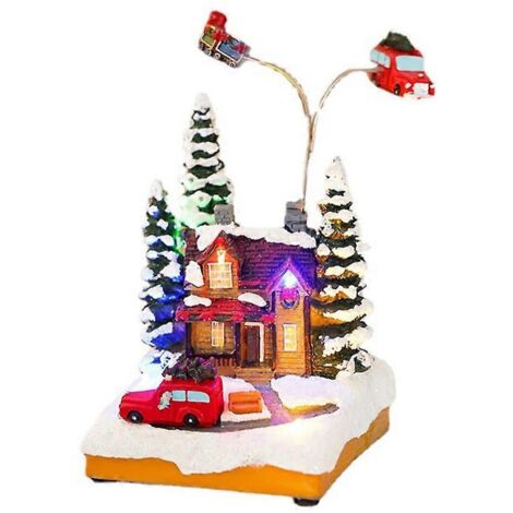 Figurine de maison de Noël avec antenne musicale lumineuse LED rotative