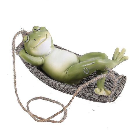 Figurine décorative en résine représentant une grenouille suspendue dans un hamac, pour jardin ou terrasse.