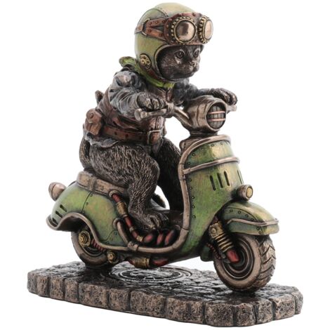 Figurine Décorative Steampunk Chat Scooter Résine Verte 14 cm