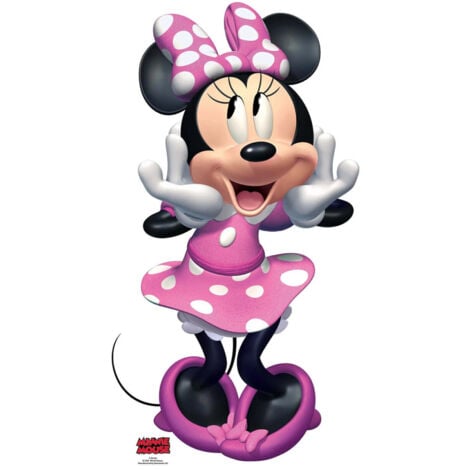 Figurine en carton Disney Minnie avec une robe rose à pois blanc, qui fait un grand sourire 89 cm
