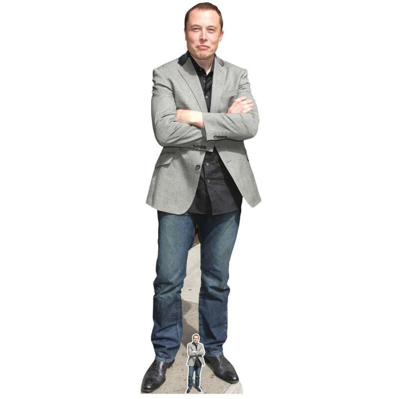 Figurine en carton Elon Musk en jeans et veste de costume grise 188cm