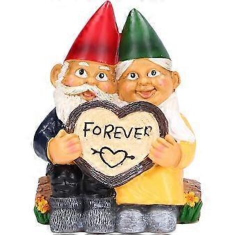Figurine en résine représentant un adorable couple de gnomes, une sculpture éco-responsable idéale pour la décoration de jardin et d'intérieur.