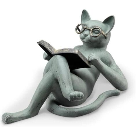 Figurine en résine représentant un chat lisant en position couchée, 18 x 5 x 8 cm