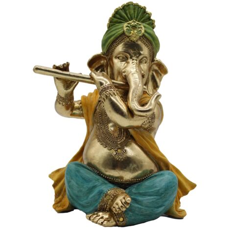 Figurine Ganesha Musique Orientale Résine Dorée 28 cm
