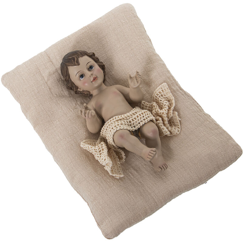 Figurine en résine Enfant Jésus 18 Cm avec Coussin en Lin Beige Fig:9X18X7 Cm Coussin═N:22X15X4 Cm