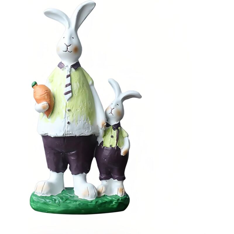 Figurines de lapins père et fils en résine – lapins de Pâques avec carottes, vêtements assortis, décoration printanière pour la maison, étagère,