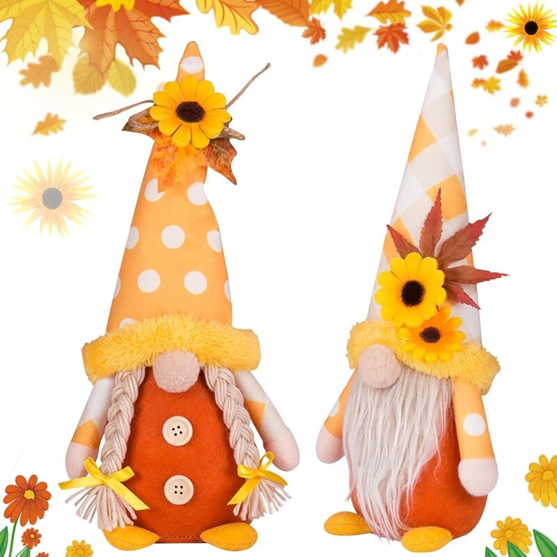 Figurines elfes et nains peluche, décorations automnales douces colorées, salon maison fête Thanksgiving ambiance joyeuse