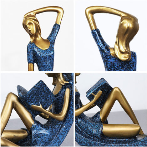 Figuritas - Conjunto de 2 piezas: una chica practicando yoga y una chica leyendo, estatuas de resina, azul y dorado (28x20x6cm)