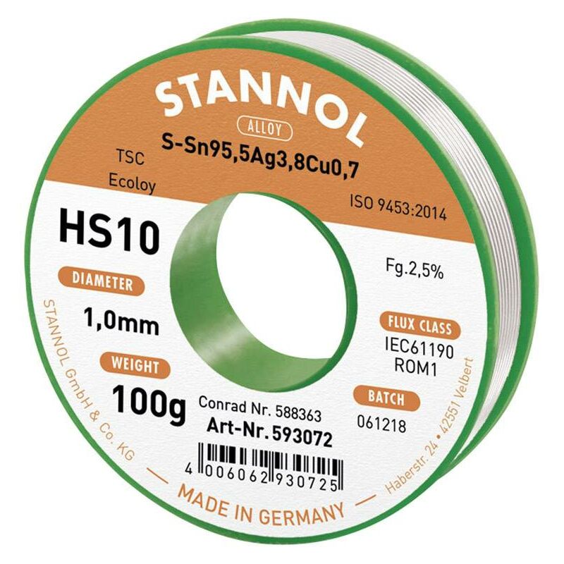 Stannol - HS10 2510 Étain à souder sans plomb bobine Sn95,5Ag3,8Cu0,7 ROM1 100 g 1 mm S66282