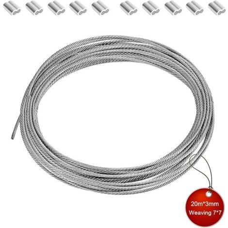 Fil Acier Inoxydable, 20 Mètres Câble Métallique en Acier Inoxydable, Diamètre 3 mm Fil Inox, avec 10 Pinces, Pour étendre Le Linge, Suspendre des Guirlandes Lumineuses ou Décorer