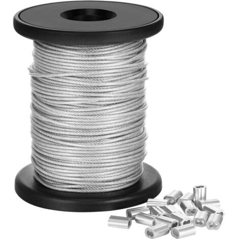 Fil Acier Inoxydable Gainé Vinyl pour Cadre Photo, 1,5 mm x 30 m, Charge Max 50 kg, avec 20 Embouts Aluminium
